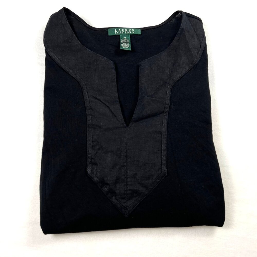 Lauren Ralph Lauren Black Tunic Blouse Notch Collar 3/4 Sleeves M Green Label